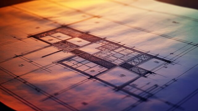 Illustration of architectural house plan blueprint with dramatic lighting and shadow