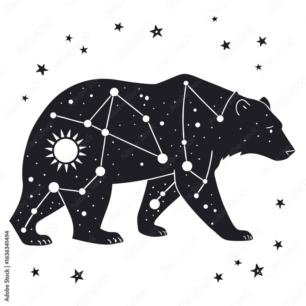 Poster Side profile silhouette of a walking bear featuring a vibrant fill with a distinct artistic style and clean lines suitable for various design applications