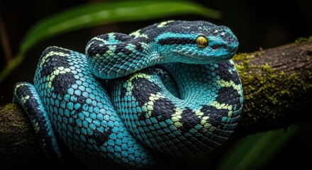 Obraz premium Vivid Blue Pit Viper Coiled on a Mossy Branch in Tropical Rainforest