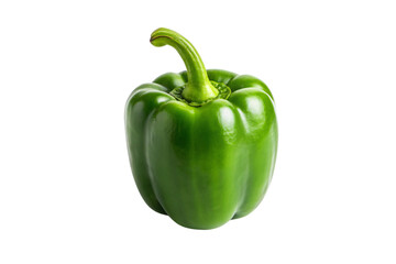 Bright green bell pepper with shiny surface and distinctive curved stem in upright position, isolated on a transparent background