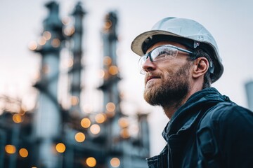 A male industrial engineer wearing a white helmet and safety glasses stands in front of an oil production plant.
