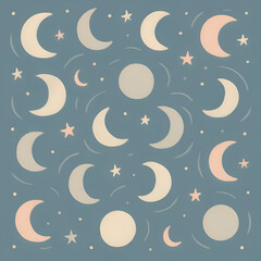 A whimsical handdrawn celestial pattern of crescent and full moons with stars in soft pastel colors.