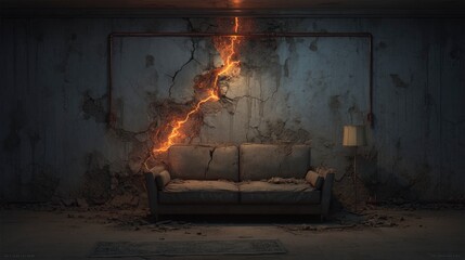 Obraz premium Damaged room interior with couch