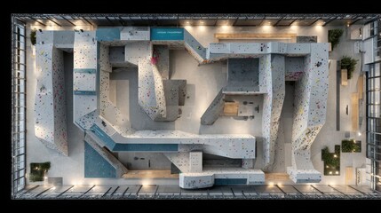 Top-down view of indoor climbing wall with colorful routes
