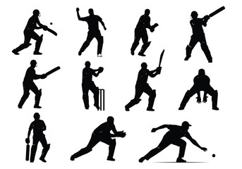 Cricket players in action, batting, bowling, and fielding, isolated on white background sports silhouette