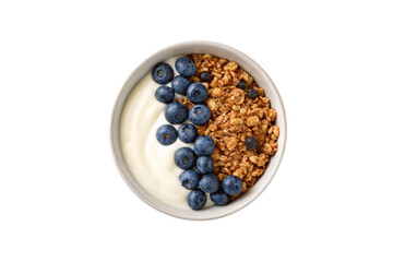 White yogurt bowl featuring blueberries and granola clusters arranged in neat portions, isolated on a transparent background