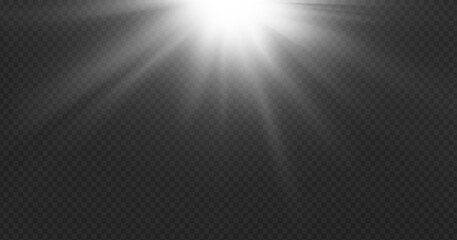Transparent sun overlay featuring light rays and glowing effects. Bright lens flares or abstract starbursts for summer designs. Golden sunrise beams or magic shines for graphics.