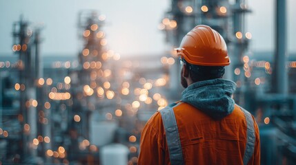 Obraz premium A professional image of an engineer in a construction outfit, industrial site. The background features a sprawling factory with sharp metallic details and towering structures.