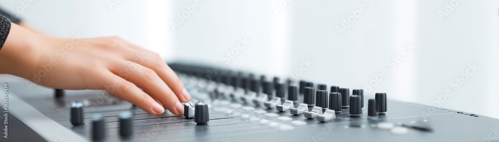 Poster close up of hand adjusting audio mixer controls in studio setting