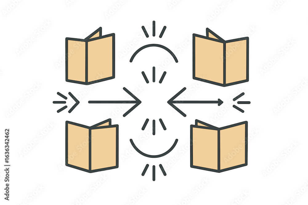 Poster organizing documents with open folders and arrows showing flow in a modern design setting