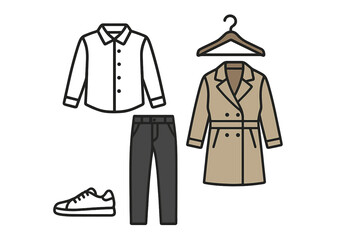 Stylish clothing options arranged on a hanger and beside sneakers for a casual outfit