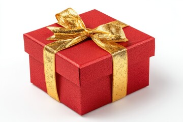 Red gift box with gold ribbon.  A square, red gift box, adorned with a golden ribbon bow, sits on a plain white background.  The box's surface is textured, and the gold ribbon is shiny