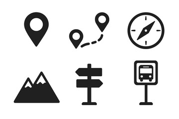 Navigation symbols showcasing travel and exploration elements for outdoor adventures in urban and natural settings