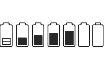Different stages of battery charge levels illustrated with simple line designs on a white background