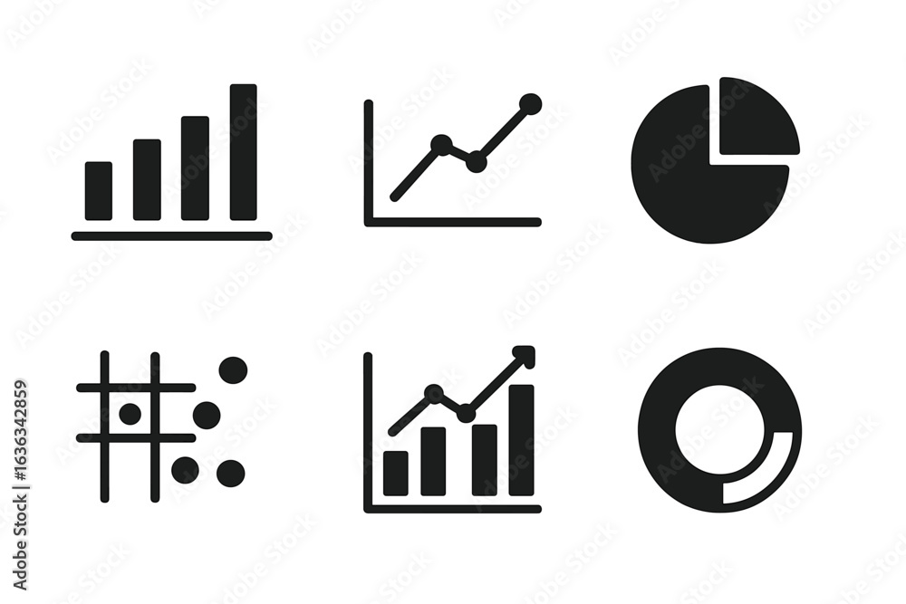 Poster collection of black and white icons representing data visualization tools used for business analysis