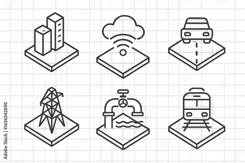 Poster modern infrastructure icons depicting urban elements and transportation systems in a minimalistic st