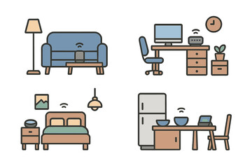 Modern home interior with smart furniture in living room, bedroom, kitchen, and workspace