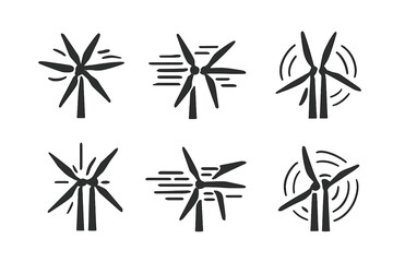 Wind turbines illustrated in various positions to depict movement and energy generation in renewable energy sources
