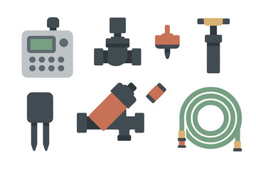 Collection of gardening tools and irrigation components on a white background for efficient water management
