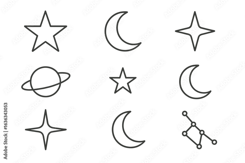 Aufkleber celestial symbols depicting various phases of the moon and stars in a minimalist design suitable for