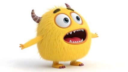 Obraz premium Cute Fluffy Yellow Monster Character with Big Eyes and Horns