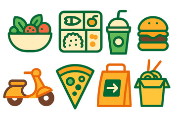 Colorful illustration of diverse food items and transportation options representing modern dining and delivery services