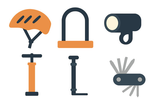 Set of cycling safety gear and tools displayed on a white background for cycling enthusiasts and adventure lovers