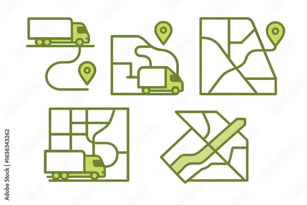 Poster truck navigation and mapping icons depicting delivery routes and location markers for efficient logi