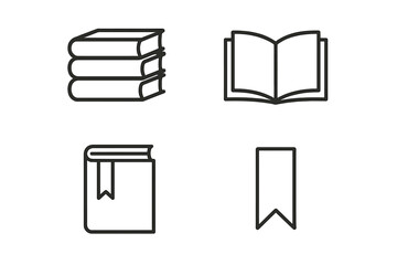 Illustration of various types of books, bookmarks, and open book sketches showcasing reading materials and tools for learning