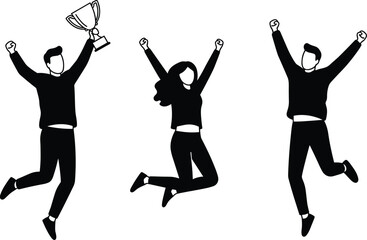 Happy team jumping, celebrating success, holding trophy, joyful people victory, teamwork achievement, business celebration illustration, black and white vector, minimal design,