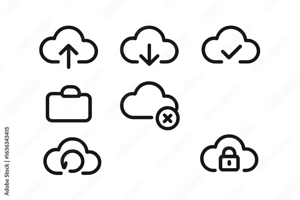 Poster cloud storage icons illustrating upload, download, verification, and security features in a minimali