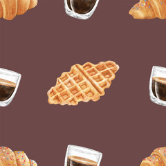 Seamless Pattern of Waffle, Coffee, and Croissant on Chocolate Brown Background