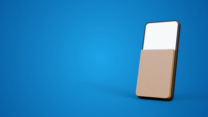 Smartphone with paper bag on the screen isolated blue background with copyspace. Paying and shopping with phone mockup illustration. Digital marketing concept. Online store.