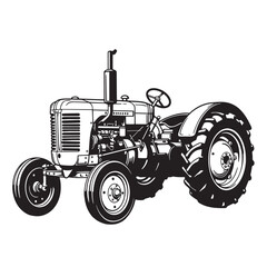 Detailed vector illustration of a vintage farm tractor in black and white isolated
