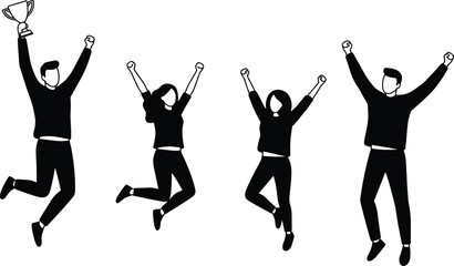 Group of people jumping, celebrating success, holding trophy, happy team achievement, victory celebration scene, teamwork concept, business success illustration, energetic pose,