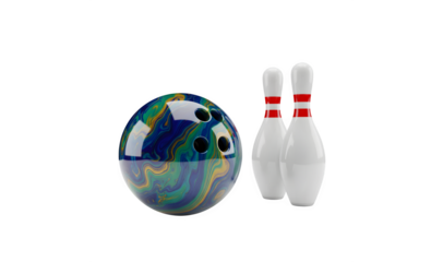 A bowling ball featuring a marble design alongside a set of pins adorned with red stripes, all set against a white backdrop. 3D illustration

