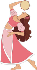 Dancing woman with tambourine, pink dress, joyful movement, barefoot performance, festive pose, feminine energy, cartoon illustration, music theme