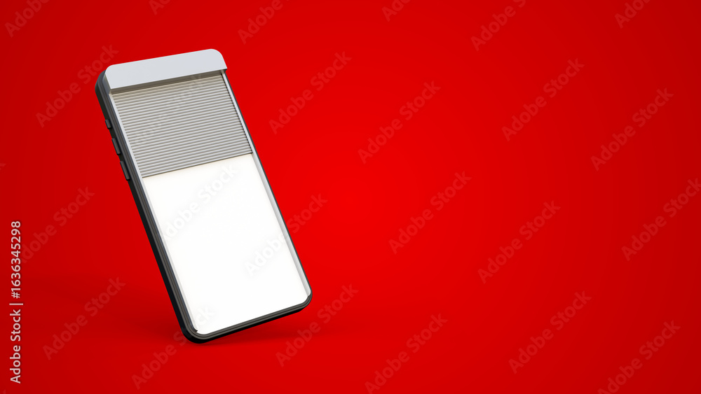 Poster smartphone with roller shutter on the screen isolated red background with copyspace. paying and shop