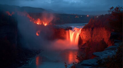 Dramatic waterfall at night illuminated with vibrant red and orange light