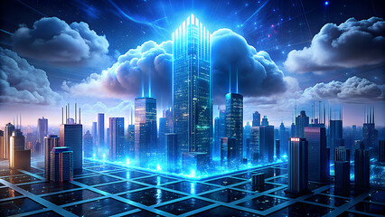 Futuristic glowing cityscape with towering skyscrapers illuminated by vibrant blue light emanating from a central structure against a dramatic cloudy sky
