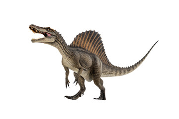 Fototapeta premium Spinosaurus dinosaur in side profile showing distinctive sail and reptilian features, isolated on a transparent background