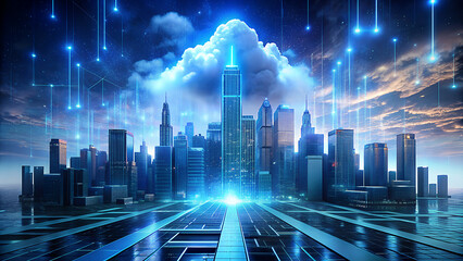 Futuristic cityscape with glowing skyscrapers and digital data streams against a dramatic cloudy sky symbolizing technological advancement and innovation