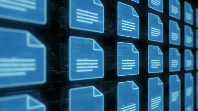 Numerous blue document icons with folded corners against a dark background