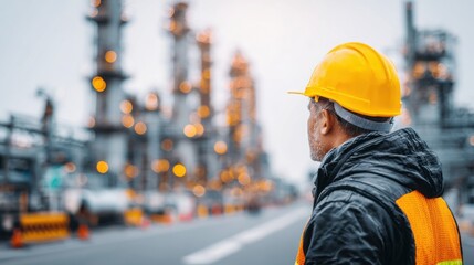 A professional image of an engineer in a construction outfit, industrial site. The background features a sprawling factory with sharp metallic details and towering structures.