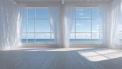 Fototapeta premium Empty room, ocean view, bright sunlight