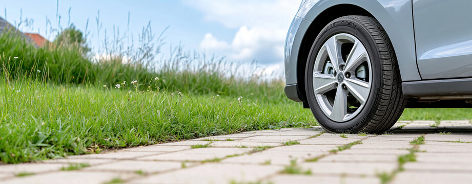 Sleek vehicle parked on stone pathway, surrounded by lush green grass and clear blue sky, evokes sense of tranquility and eco friendliness