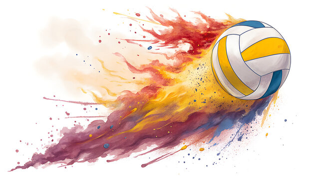 Dynamic watercolor splash effect captures a volleyball in motion with vibrant colors and energetic trails against a clean white background