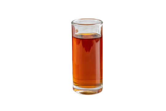 Tall clear glass filled with golden amber liquid, likely whiskey or bourbon, showing rich color, isolated on a transparent background