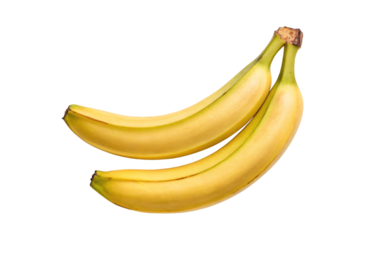 Two perfectly curved yellow bananas displaying natural ripeness with slight green tips and brown stem ends, isolated on a transparent background