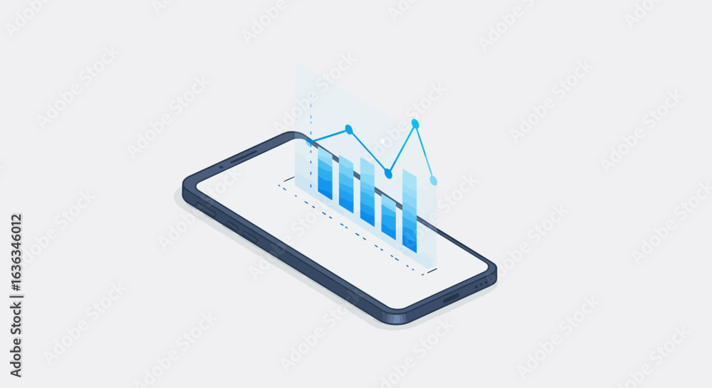 Poster modern smartphone displaying a 3d isometric bar chart and line graph with blue data visualization el